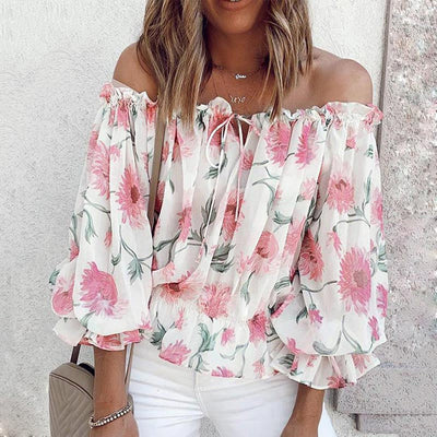 Floral Off-Shoulder Blouse with Ruffle Puff Sleeves