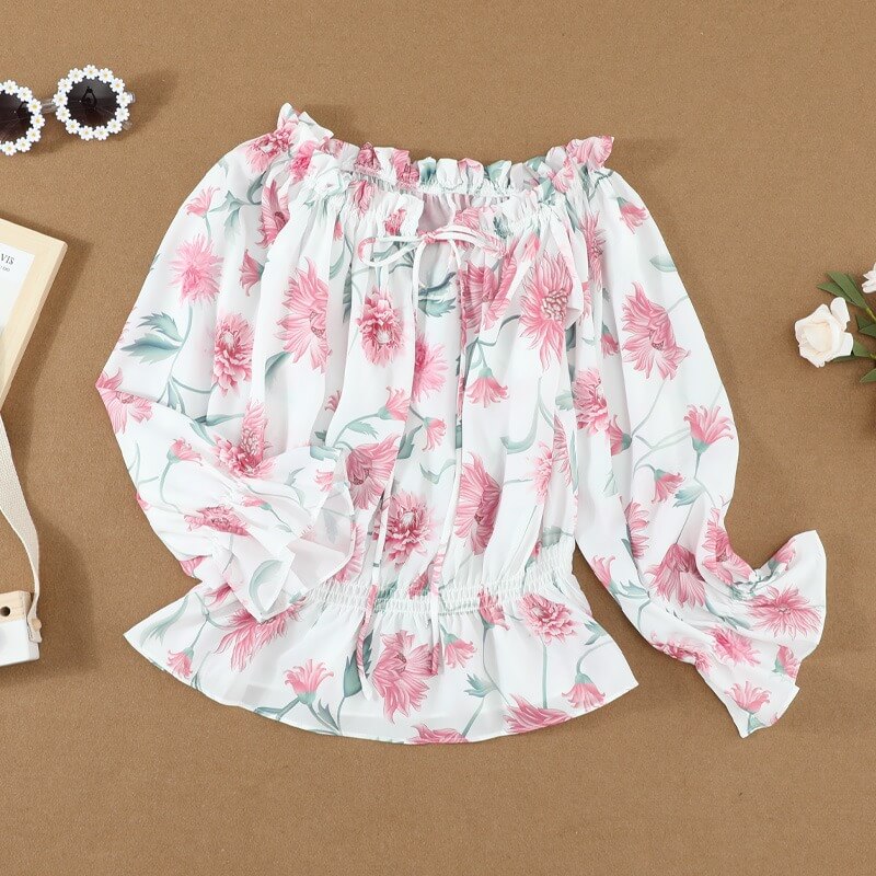 Floral Off-Shoulder Blouse with Ruffle Puff Sleeves