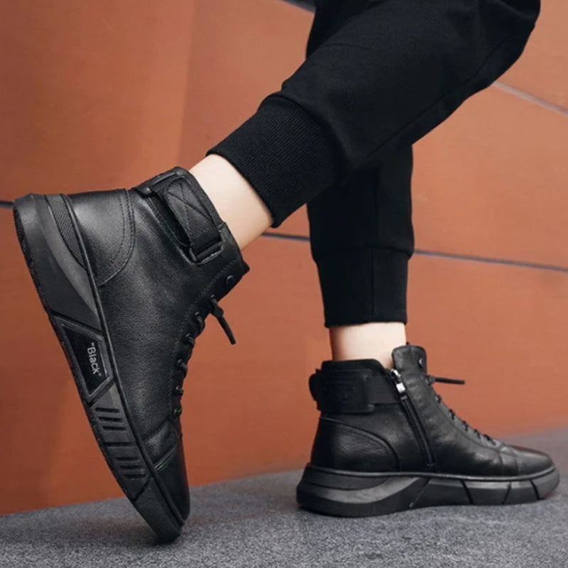 Men's Black Leather-Style Boots – Formal and Versatile with Optional Plush Lining