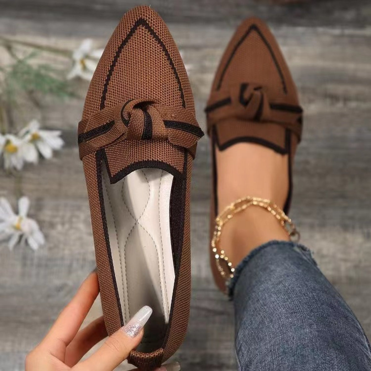 Bow Contrast Trim Point Toe Loafers | Elegant & Comfortable Slip-On Shoes