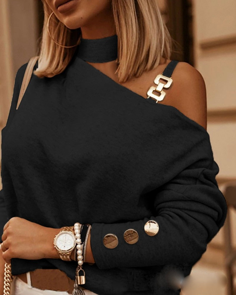 Silvie Long-Sleeve Top | Stylish Off-Shoulder Top with Classy Chain Details