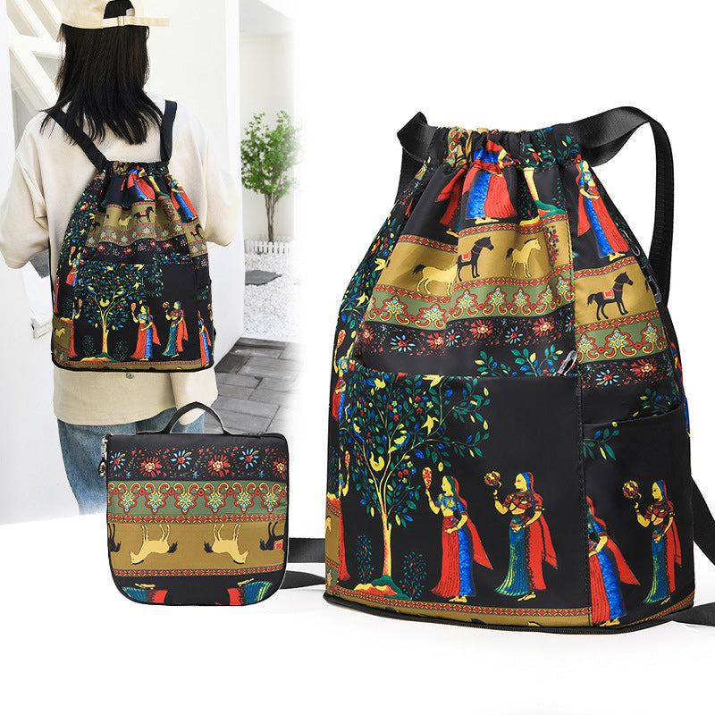 Foldable Drawstring Backpack with Large Capacity and Unique Printed Design