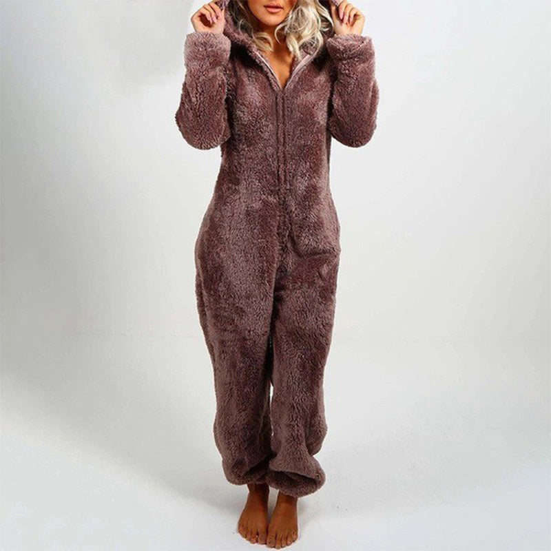 Plush Onesie Pajama for Women | Cozy One-Piece with Animal Ear Hood