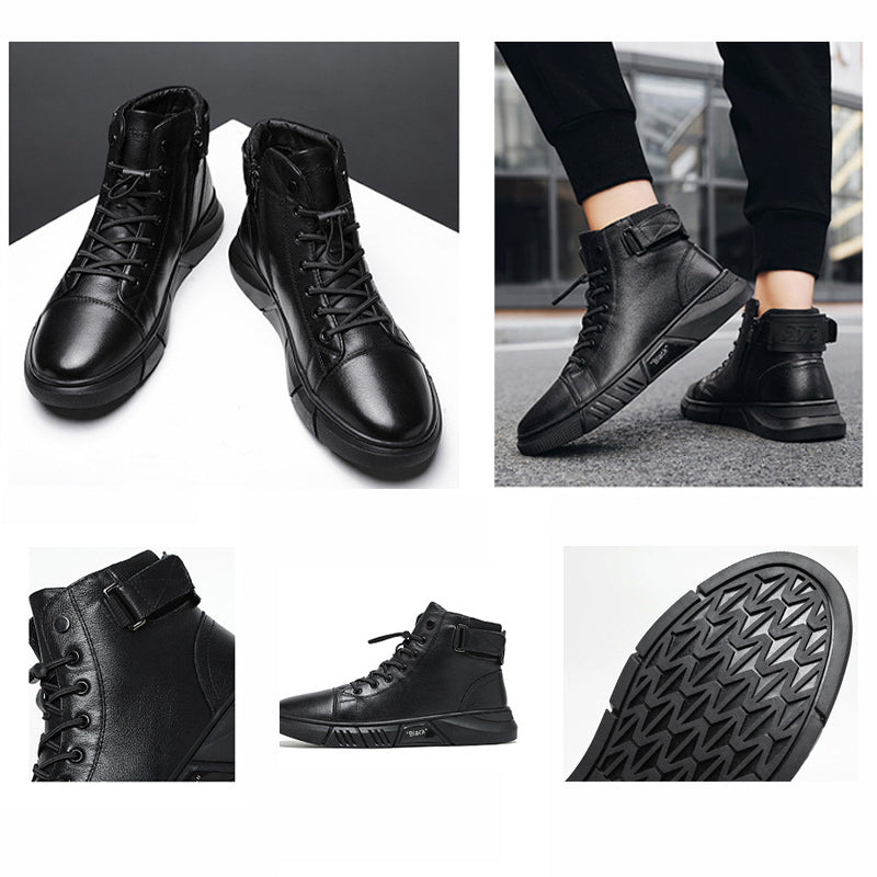 Men's Black Leather-Style Boots – Formal and Versatile with Optional Plush Lining