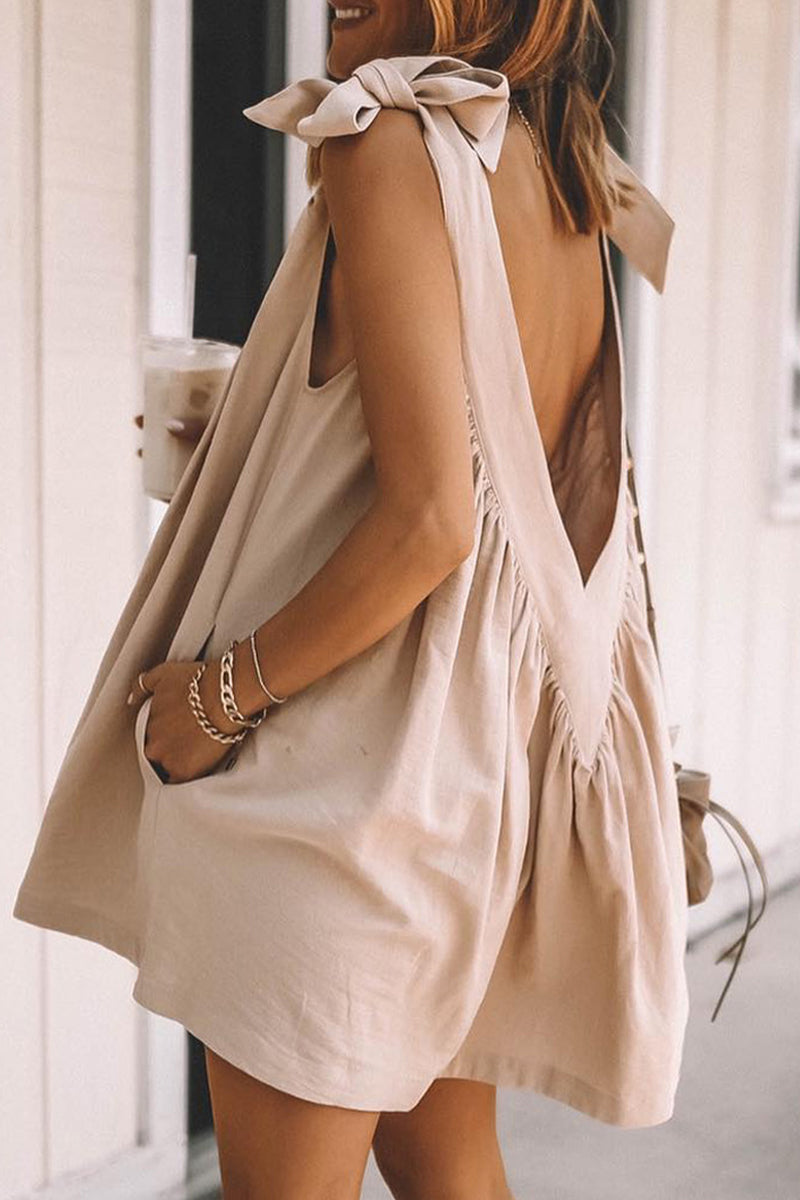 Sexy Backless V-Neck Dress with Tie Detail