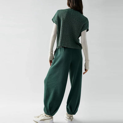 Two-Piece Knitted Loungewear Set – Loose Shirt Top and Wide-Leg Cuffed Trousers