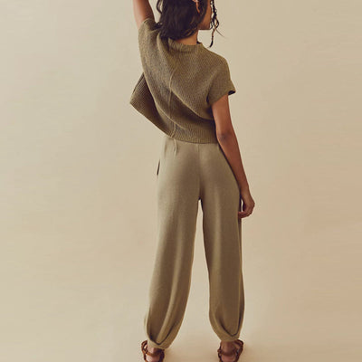 Two-Piece Knitted Loungewear Set – Loose Shirt Top and Wide-Leg Cuffed Trousers