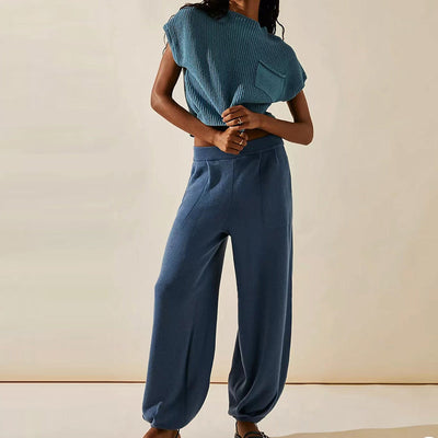 Two-Piece Knitted Loungewear Set – Loose Shirt Top and Wide-Leg Cuffed Trousers