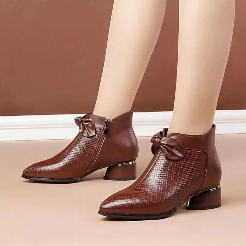 Women's Stylish Heeled Booties with Ribbon Design and Pointed Toe