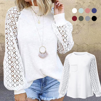 Lace Blouse with Round Neck and Long Lantern Sleeves