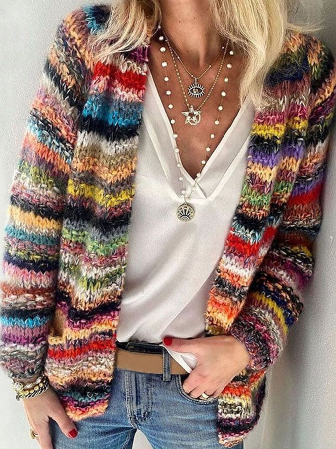 Vibrant Rainbow Knit Cardigan | Colorful Statement Sweater