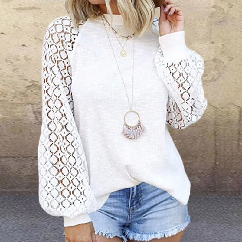 Lace Blouse with Round Neck and Long Lantern Sleeves