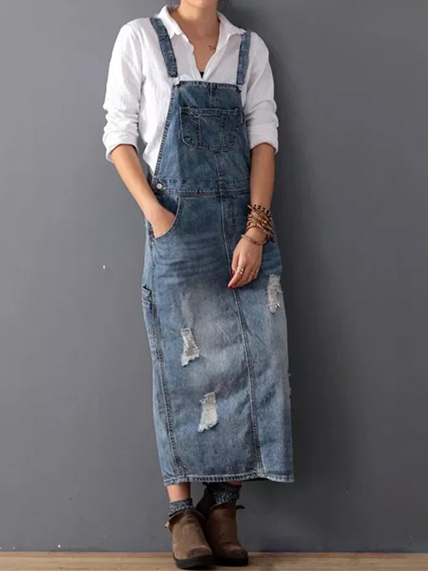 Vintage Chic Distressed Denim Overall Dress with Back Slit