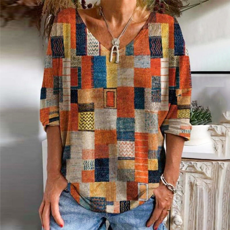 Women's Casual Retro Print V-Neck Top, Half Sleeve