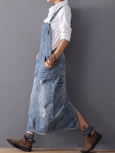 Vintage Chic Distressed Denim Overall Dress with Back Slit