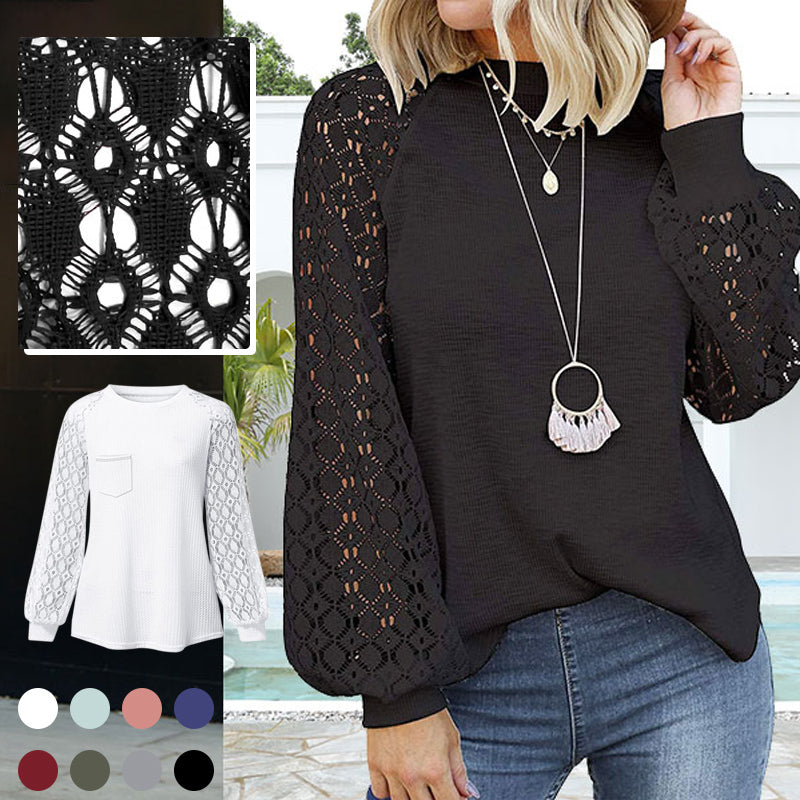 Lace Blouse with Round Neck and Long Lantern Sleeves