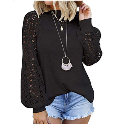 Lace Blouse with Round Neck and Long Lantern Sleeves