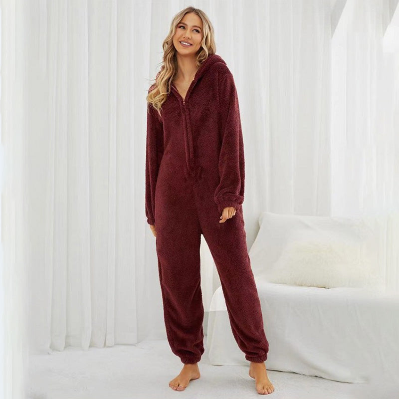 Plush Onesie Pajama for Women | Cozy One-Piece with Animal Ear Hood