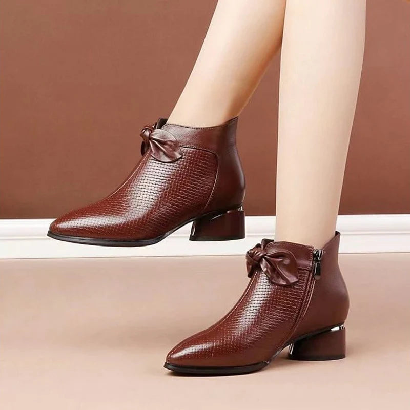 Women's Stylish Heeled Booties with Ribbon Design and Pointed Toe