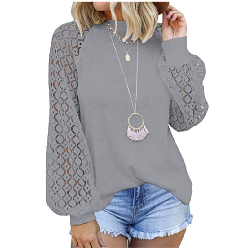 Lace Blouse with Round Neck and Long Lantern Sleeves