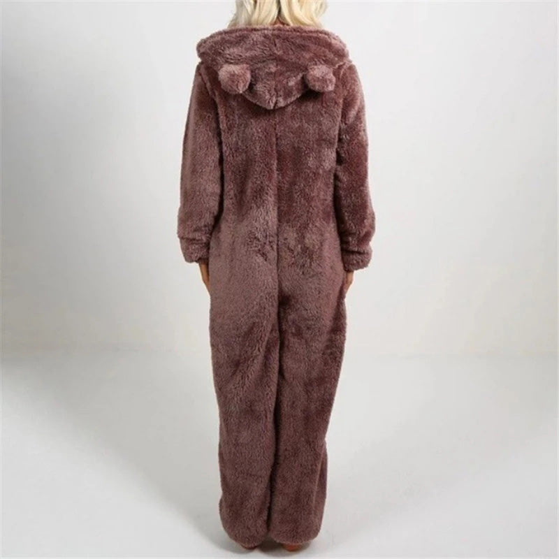 Plush Onesie Pajama for Women | Cozy One-Piece with Animal Ear Hood