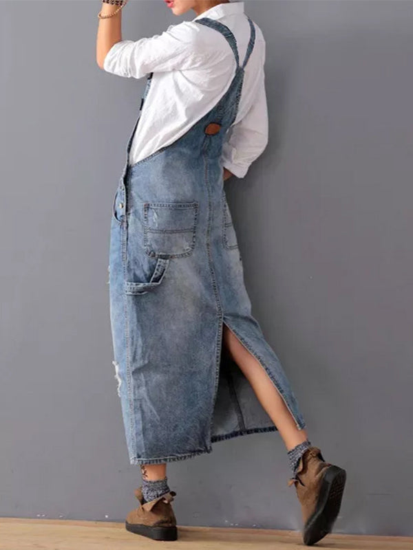 Vintage Chic Distressed Denim Overall Dress with Back Slit