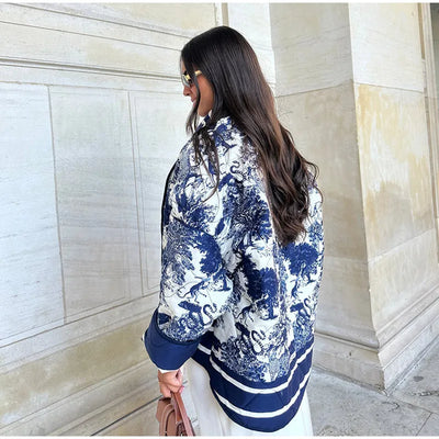 Elegant Printed Jacket with Scarf Collar – Stylish and Comfortable Outerwear