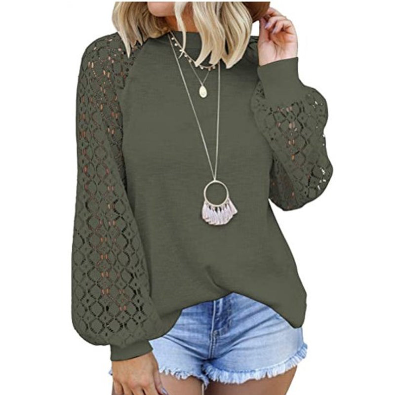 Lace Blouse with Round Neck and Long Lantern Sleeves