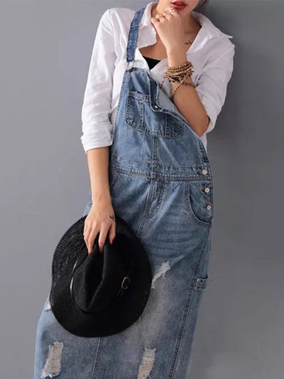 Vintage Chic Distressed Denim Overall Dress with Back Slit