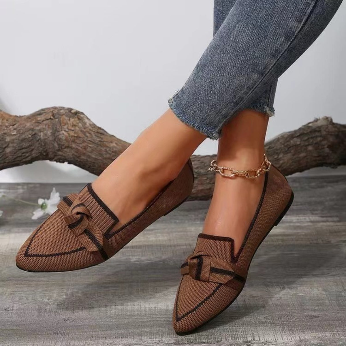 Bow Contrast Trim Point Toe Loafers | Elegant & Comfortable Slip-On Shoes