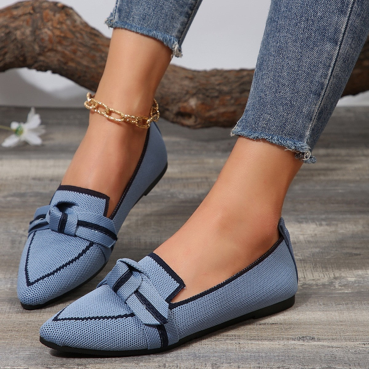 Bow Contrast Trim Point Toe Loafers | Elegant & Comfortable Slip-On Shoes