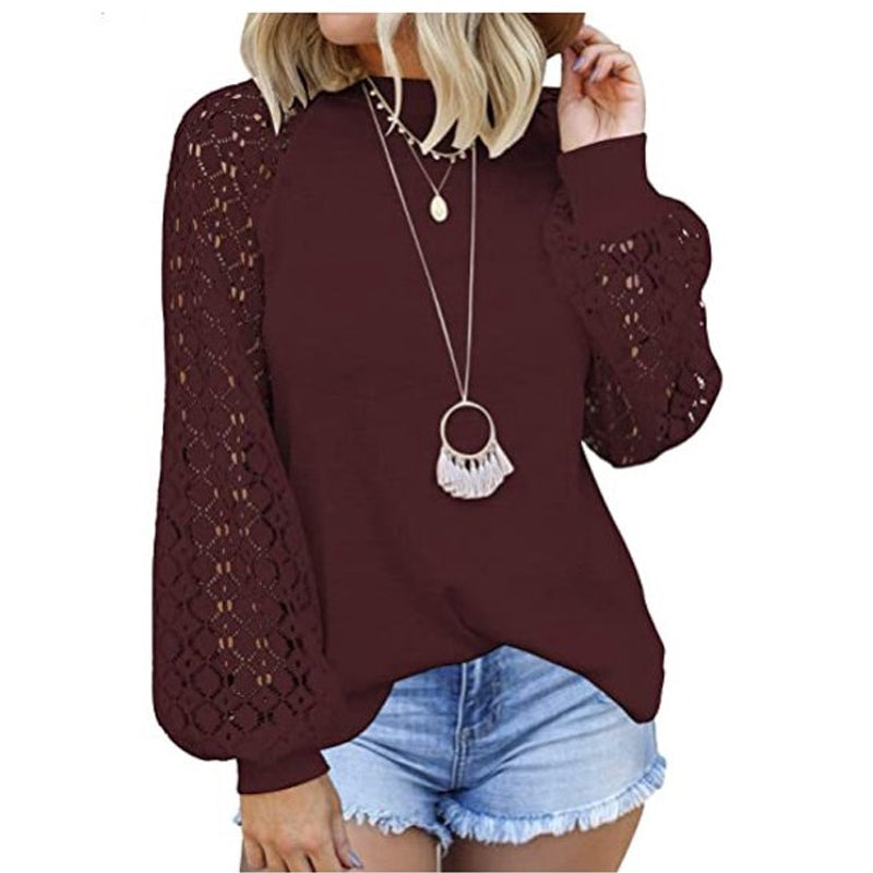 Lace Blouse with Round Neck and Long Lantern Sleeves