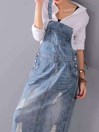 Vintage Chic Distressed Denim Overall Dress with Back Slit