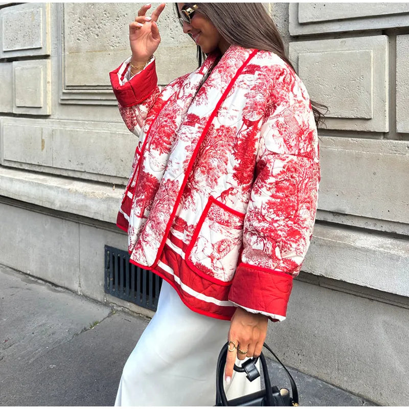 Elegant Printed Jacket with Scarf Collar – Stylish and Comfortable Outerwear