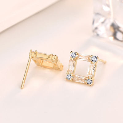 Gold-Plated Hollow Square Cubic Zirconia Stud Earrings - Sterling Silver