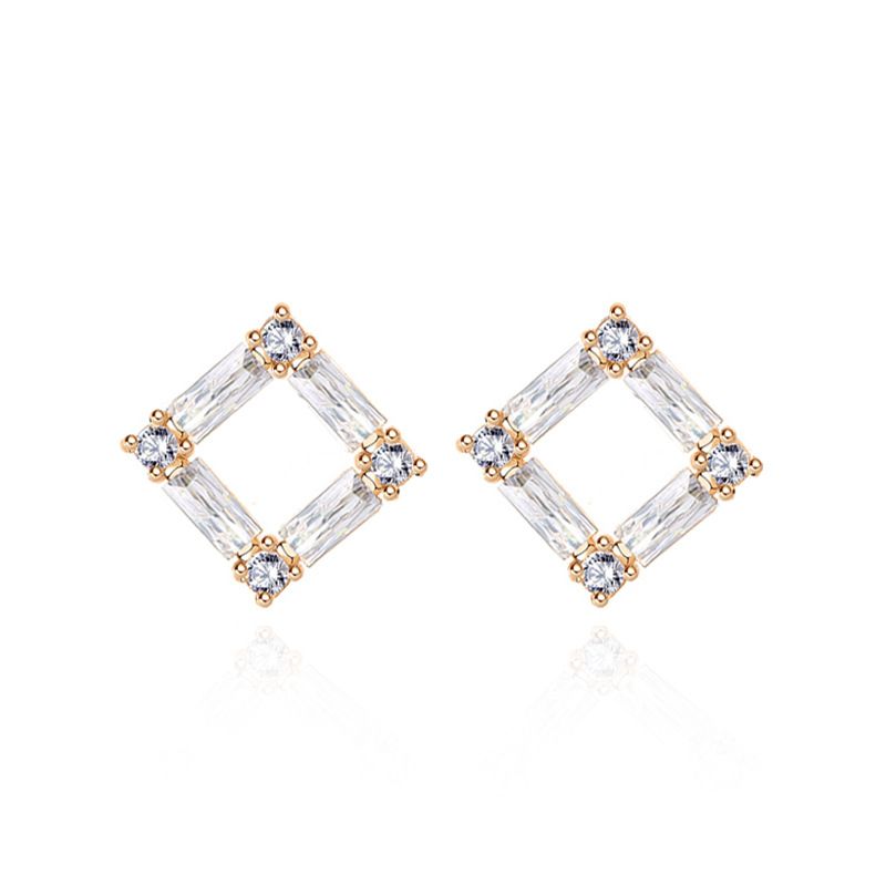 Gold-Plated Hollow Square Cubic Zirconia Stud Earrings - Sterling Silver