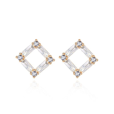 Gold-Plated Hollow Square Cubic Zirconia Stud Earrings - Sterling Silver