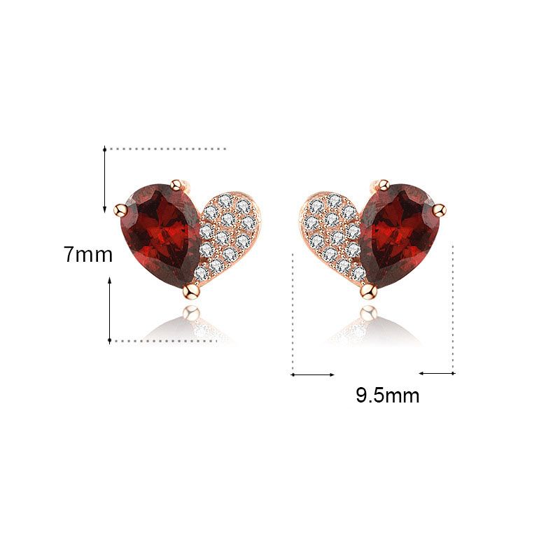 Asymmetrical Heart Stud Earrings with Red Teardrop Zirconia - Rose Gold Sterling Silver