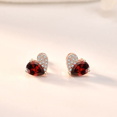 Asymmetrical Heart Stud Earrings with Red Teardrop Zirconia - Rose Gold Sterling Silver