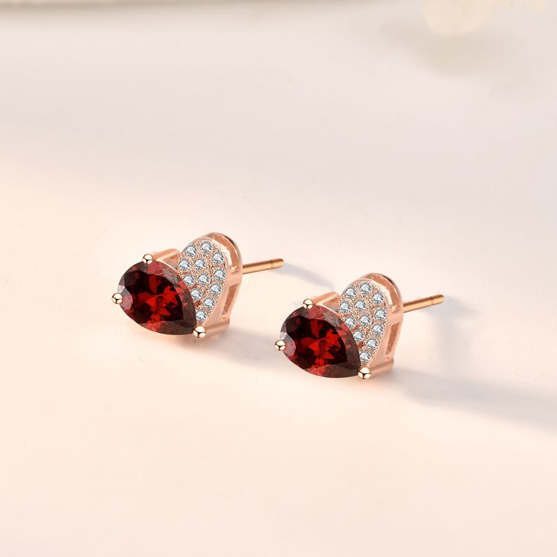 Asymmetrical Heart Stud Earrings with Red Teardrop Zirconia - Rose Gold Sterling Silver