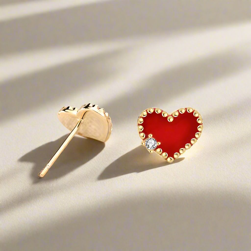 Red Heart Stud Earrings- Yellow Gold Plated Sterling Silver