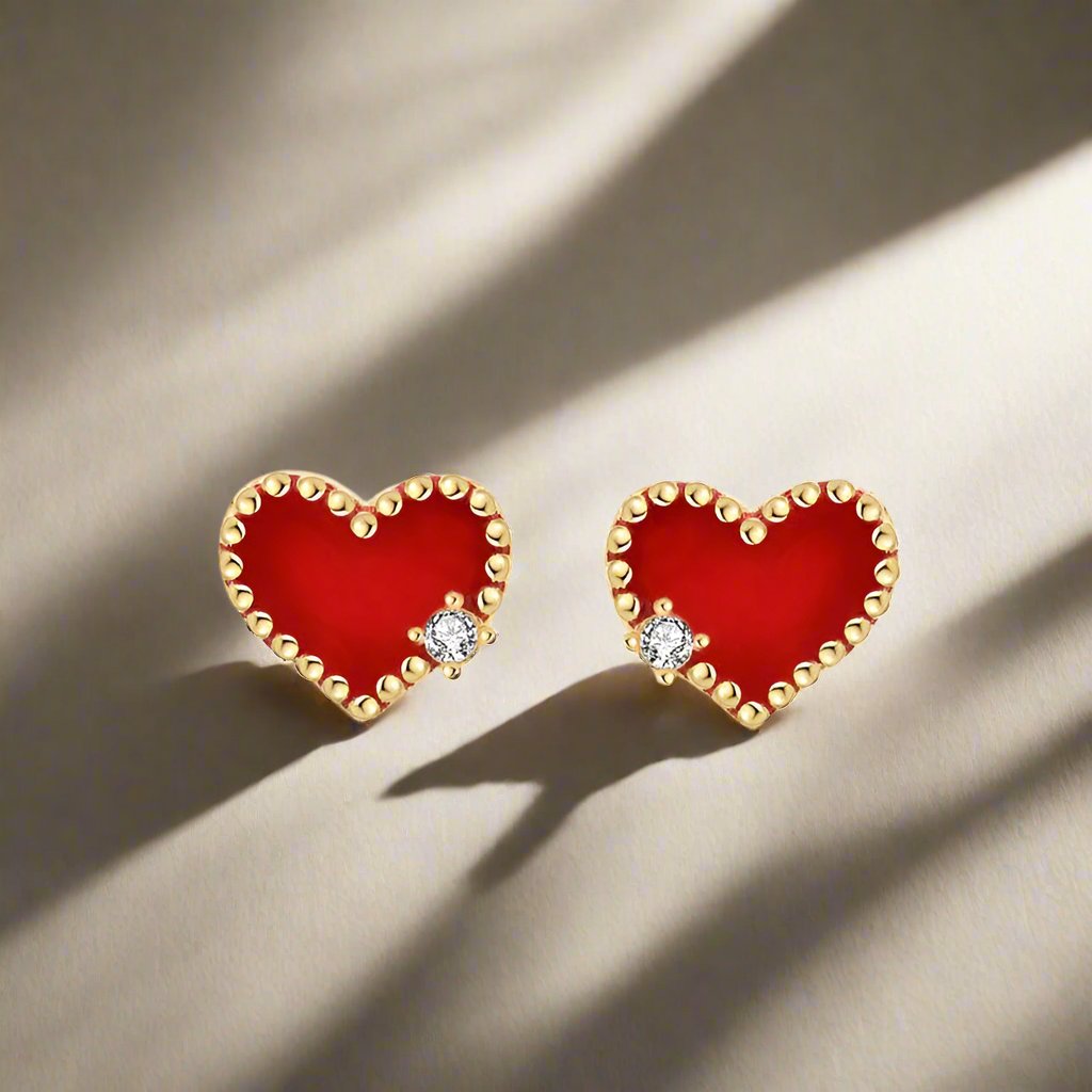 Red Heart Stud Earrings- Yellow Gold Plated Sterling Silver