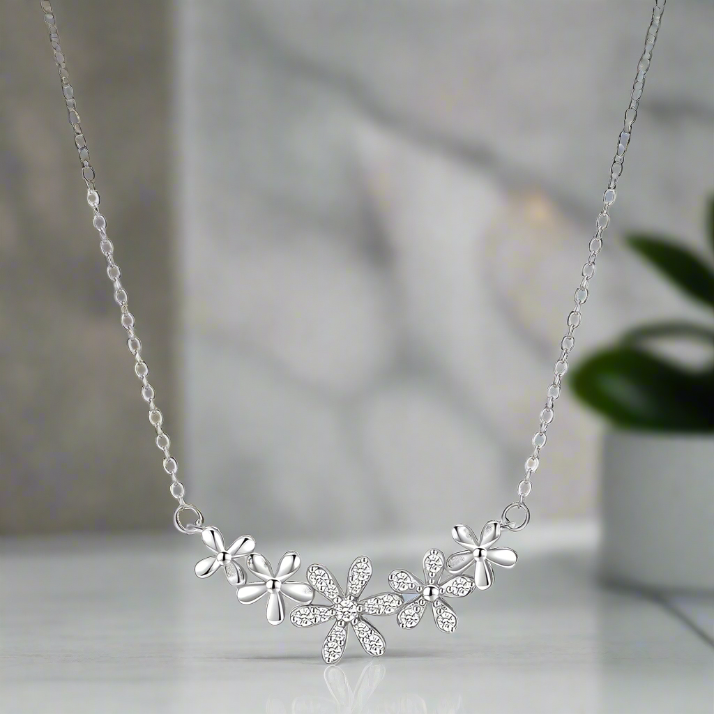 Daisy Pendant Necklace with Cubic Zirconia – Sterling Silver