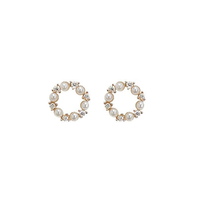 Champagne Gold Mini Shell Pearl & Cubic Zirconia Circle Stud Earrings – Sterling Silver