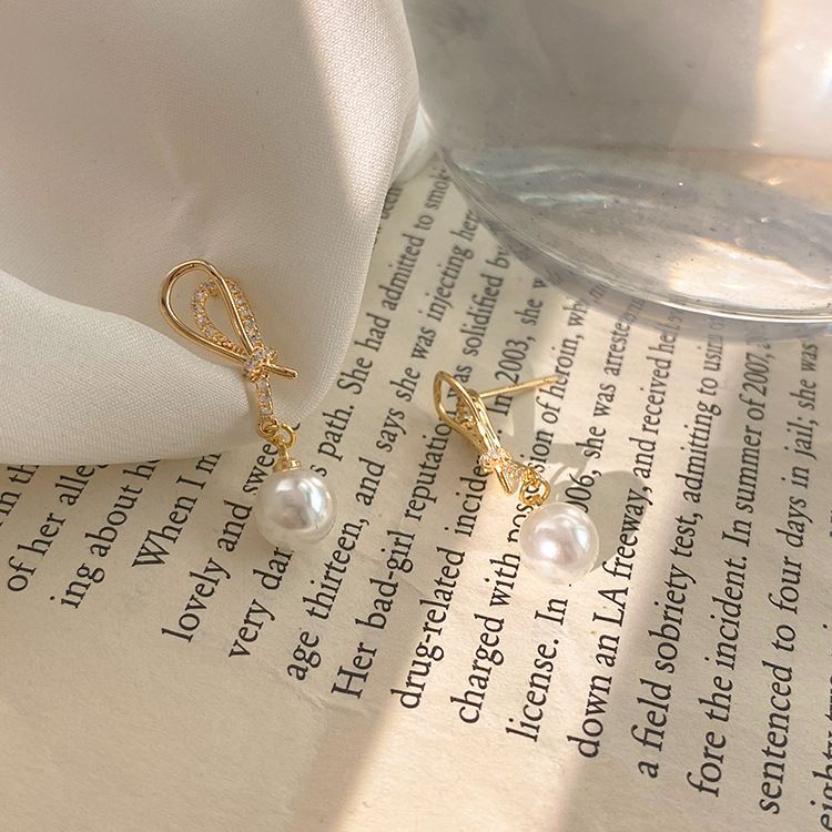 Golden Shell Pearl & Cubic Zirconia Knot Dangling Earrings – Sterling Silver