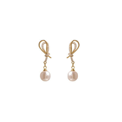 Golden Shell Pearl & Cubic Zirconia Knot Dangling Earrings – Sterling Silver