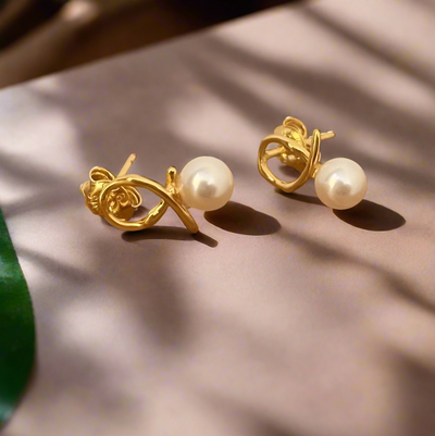 Golden Shell Pearl Knot Stud Earrings – Gold-Plated Silver