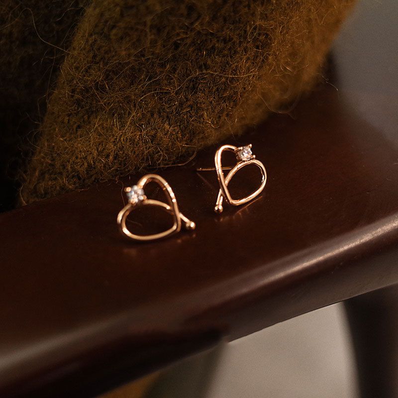 Rose Gold Hollow Heart Earrings with Zirconia - Sterling Silver