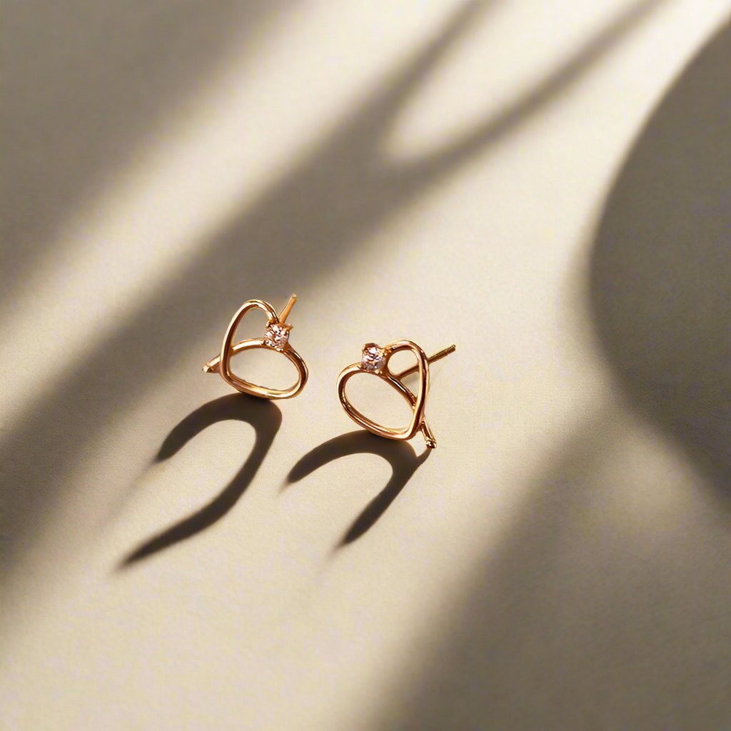 Rose Gold Hollow Heart Earrings with Zirconia - Sterling Silver