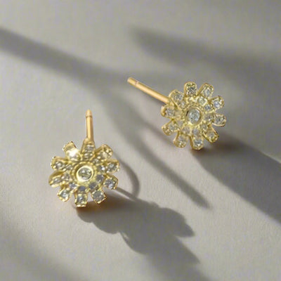 Golden Daisy Flower Earrings with Cubic Zirconia - Sterling Silver